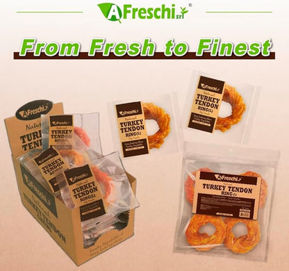 A Freschi srl Turkey Tendons for Dogs, USA-Sourced, Healthy Dog Treats, Rawhide-Free Puppy Chews, Long Lasting, All Natural, Hypoallergenic Dog Treats for Large Breeds, 10 Count Box Ring (L)