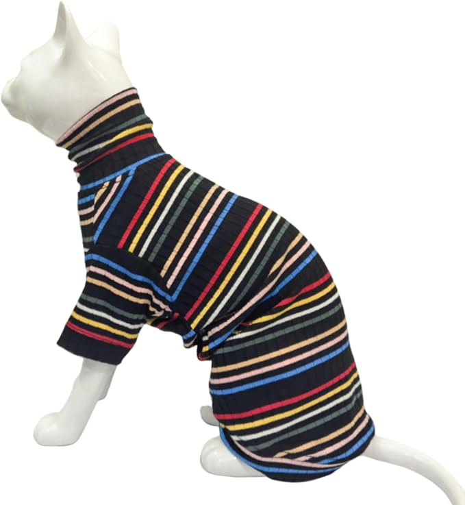 Turtle Neck Vintage Stripes Sphynx Hairless Cat Cotton T-Shirts Pet Clothes Vest Kitten Shirts Sleeveless, Cats & Small Dogs Apparel (Dark Rainbow, M (5-6.5 lbs))