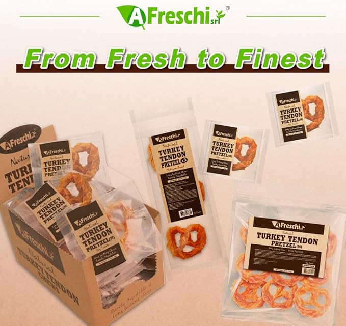 A Freschi srl Turkey Tendons for Dogs, USA-Sourced, Healthy Dog Treats, Rawhide-Free Puppy Chews, Long Lasting, All Natural, Hypoallergenic Dog Treats for Medium Breeds, 20 Count Box Pretzel (M)