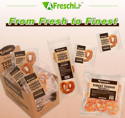 A Freschi srl Turkey Tendons for Dogs, USA-Sourced, Healthy Dog Treats, Rawhide-Free Puppy Chews, Long Lasting, All Natural, Hypoallergenic Dog Treats for Medium Breeds, 20 Count Box Pretzel (M)