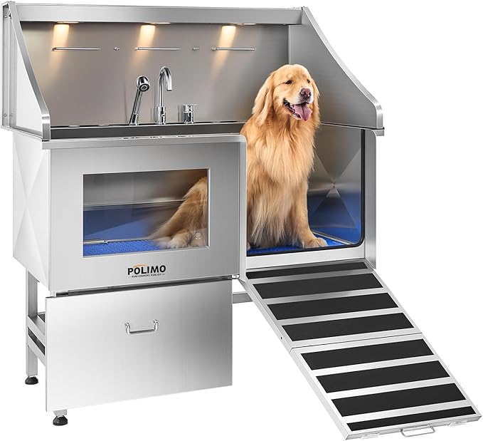 POLIMO Dog Washing Station, LED Professional Stainless Steel Dog Bathing Station 50", Dog Grooming Tub for Large, Medium & Small Dog - with Window, Ramp, Drawer, Floor Grate & Faucet (Right Ramp, 50")