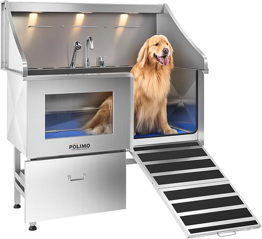 POLIMO Dog Washing Station, LED Professional Stainless Steel Dog Bathing Station 50", Dog Grooming Tub for Large, Medium & Small Dog - with Window, Ramp, Drawer, Floor Grate & Faucet (Right Ramp, 50")