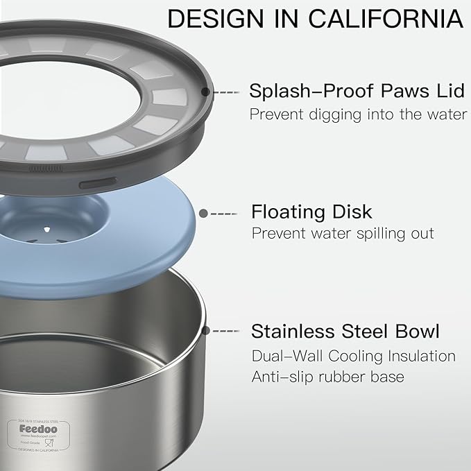 Feedoo 1Gallon No Spill Water Bowl for Dogs, Double-Wall Stainless Steel with Splash-Proof Paws Lid and Floating Disk, Non-Slip Base, Easy to Clean Slow Water Feeder for Large Medium Dogs