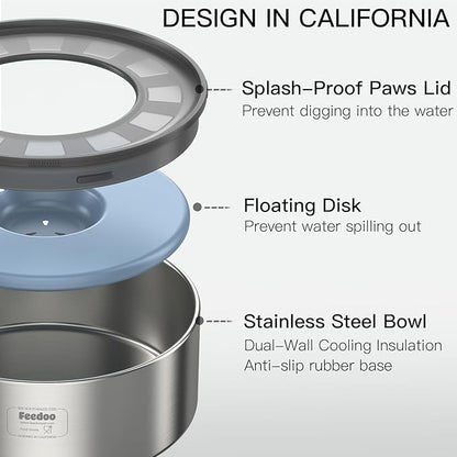 Feedoo 1Gallon No Spill Water Bowl for Dogs, Double-Wall Stainless Steel with Splash-Proof Paws Lid and Floating Disk, Non-Slip Base, Easy to Clean Slow Water Feeder for Large Medium Dogs