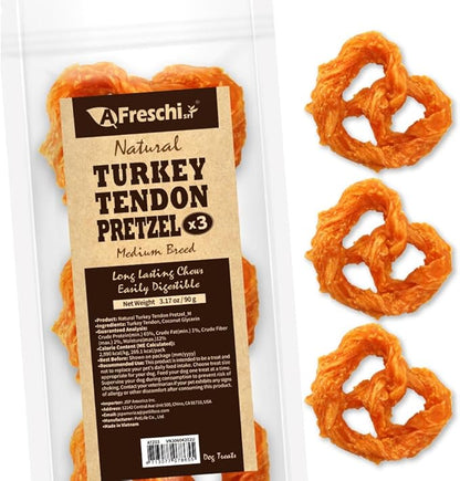 A Freschi srl Turkey Tendons for Dogs, USA-Sourced, Healthy Dog Treats, Rawhide-Free Puppy Chews, Long Lasting, All Natural, Hypoallergenic Dog Treats for Medium Breeds, 3 Count Pack Pretze (M)
