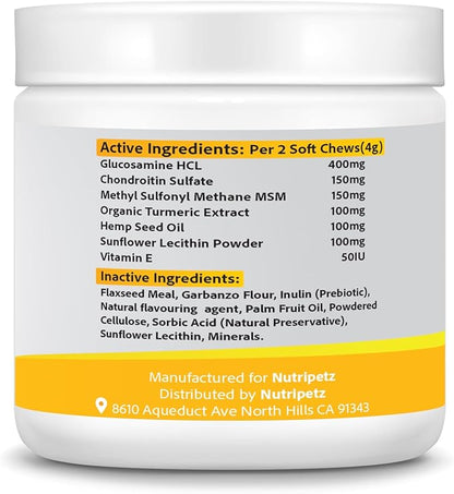 Hip & Joint Supplement for Dogs – NutriPetz Turmeric & Hemp Chews – Joint Pain Relief & Mobility Support – Glucosamine Dog Treats, All Breeds & Ages, 120 Soft Chews