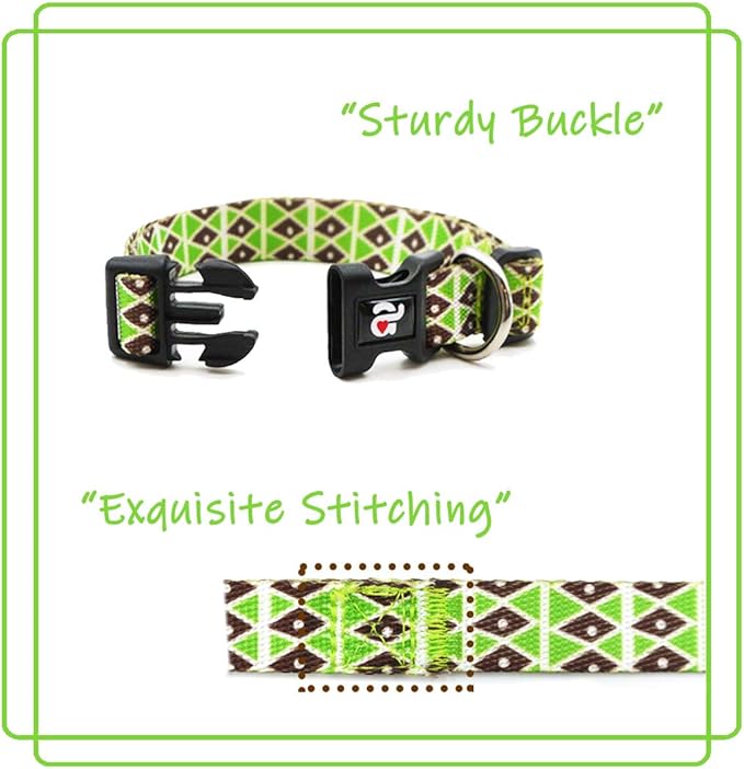 azuza Dog Collar and Leash Set, Adjustable Nylon Collar with Matching Leash, Green Diamond for Medium Dogs
