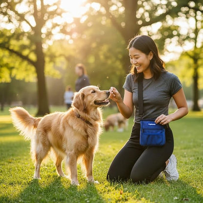 PupSensei Dog Treat Pouch for Training – Magnetic Dog Treat Bag with Belt Clip & Poop Bag Dispenser – Hands Free Carry Pouch with Auto-Close Access & Shoulder Strap – Durable Pet Gear – Navy Blue