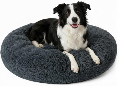 Large Donut Washable Dog Bed for Medium Size Dog, Round Calming Soft Cat Cuddler,Anti Anxiety Cozy Soft Sofa,Fluffy Faux Fur Plush Cushion-31''-Dark Grey