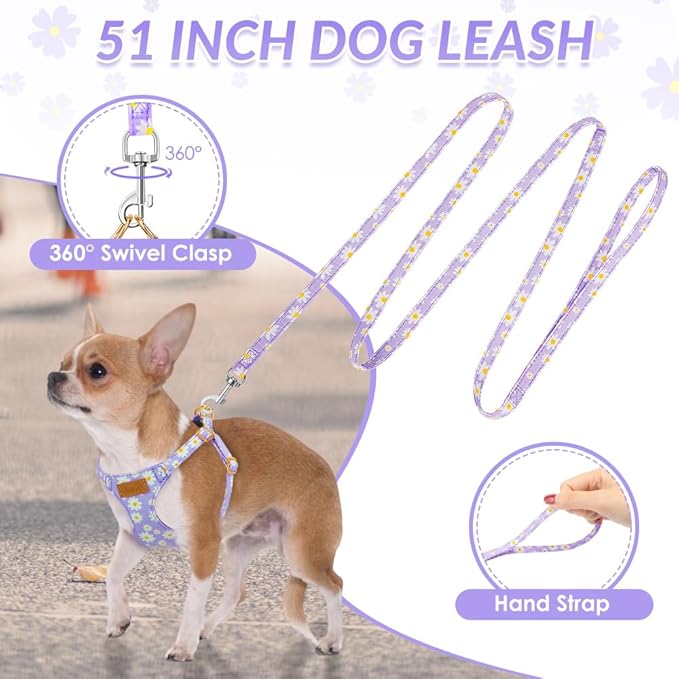 SlowTon Dog Harness Small Sized Dog - Soft XXS Dog Harness and Leash Set No Pull No Chock, Adjustable Lightweight Puppy Harness for XS Small Medium Dogs Cats (Purple Dasiy, S)