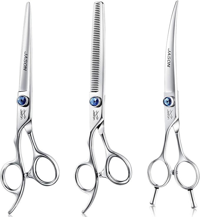 JASON Left Handed 7" Dog Grooming Scissors Set, 3 in 1 Ergonomic Blending, Curved, Straight Cat Pet Hair Trimming Thinning Professional Kits with Offset Handle and a Jeweled Screw Christmas Gift