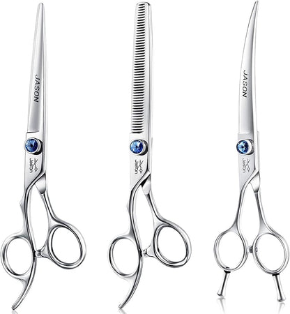 JASON Left Handed 7" Dog Grooming Scissors Set, 3 in 1 Ergonomic Blending, Curved, Straight Cat Pet Hair Trimming Thinning Professional Kits with Offset Handle and a Jeweled Screw Christmas Gift