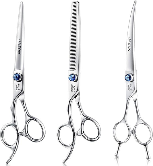 JASON Left Handed 7" Dog Grooming Scissors Set, 3 in 1 Ergonomic Blending, Curved, Straight Cat Pet Hair Trimming Thinning Professional Kits with Offset Handle and a Jeweled Screw Christmas Gift