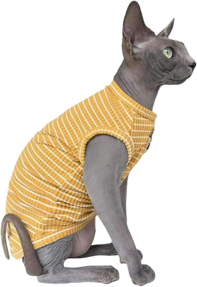 Sphynx Cat Clothes Vest for Hairless Cat, Rib Knit Stripe Cats T-Shirt Apparel, Kitten Summer Cotton Shirts Sleeveless for Cornish Rex, Devon Rex, Peterbald (Ginger, M (5.5-7.2 lbs))