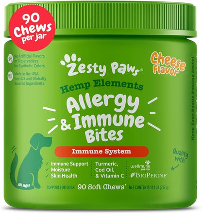 Zesty Paws Dog Allergy Relief - Anti Itch Supplement - Omega 3 Probiotics for Dogs - Salmon Oil Digestive Health - Soft Chews for Skin & Seasonal Allergies - with Epicor Pets – Hemp - 90 Count…