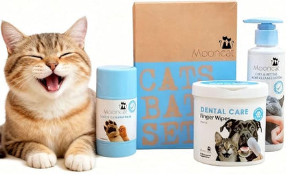 Mooncat Waterless Cat Shampoo & Grooming Kit - Dry Shampoo Foam, Soft Brush, Paw Balm, Dental Finger Wipes & Chin Cleaner - Lick Safe No Rinse Bath, Breath & Skin Care Essentials for Cats & Kittens
