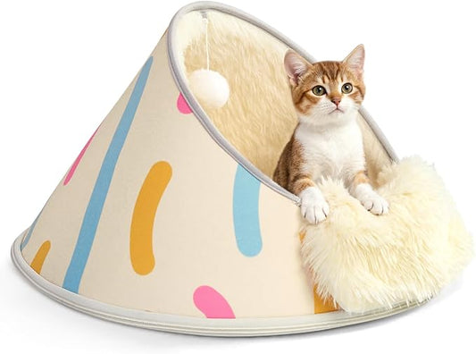 BurgeonNest 20-Inch Round Cat Bed Cave, Enclosed Hooded Pet Bed for Indoor Cats, Cozy Anti-Collapse Cave with Soft Plush, Waterproof EVA Shell, Fully Washable, Shape Retention, Beige