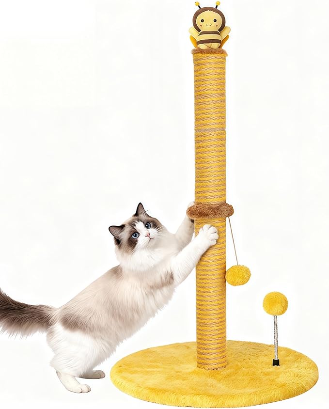 VIEFIN Bee Cat Scratching Post, 36" Tall Cat Scratcher for Indoor Cats - Modern Sisal Scratch Post with Dangling Ball & Plush Toys for Kittens and Adult Cats