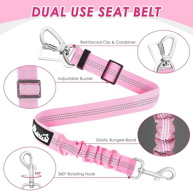 SlowTon Dog Seatbelt, 2 Pack Dog Seat Belt Car Leash Adjustable Elastic Bungee Buffer Heavy Duty Nylon Reflective Pet Safety Tether Connect to Dog Harness for Travel Riding in Vehicle (Daul Clip, PI)