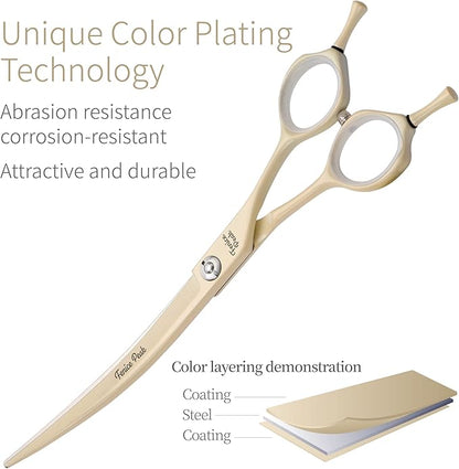 Fenice Peak Curved Dog Grooming Scissors with Cream Color Coating 440C Stainless Steel Pet Grooming Bending Shears Sharp and Durable Comfortable Engonomic Handle