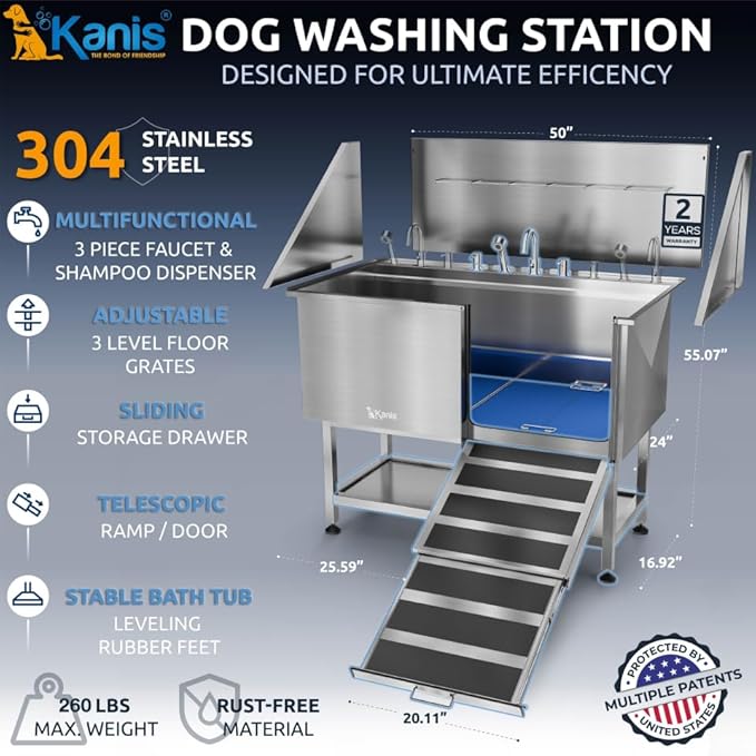 KANIS Professional Dog Washing Station - 304 Stainless Steel Pet Wash Sink & Grooming Bathtub w/Shower, Floor Grates and Storage for Large, Medium & Small Pets (50", Shelf - Right Ramp)