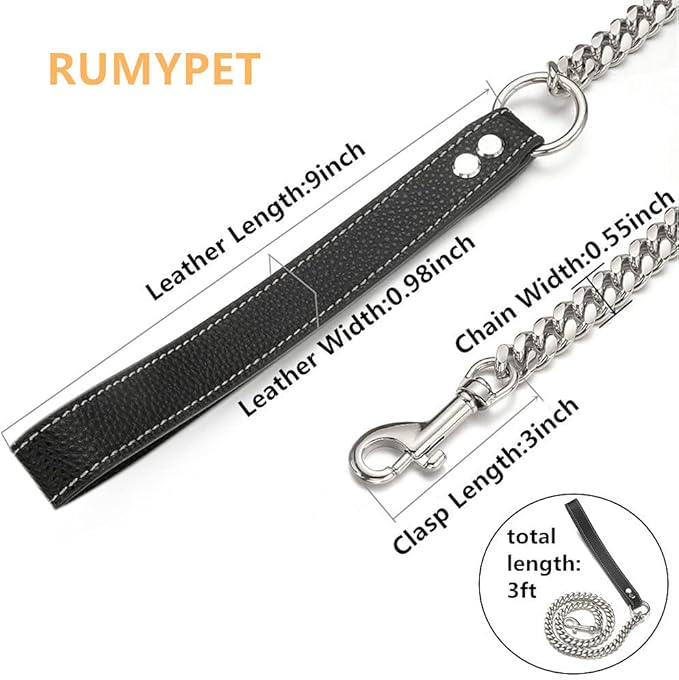 3FT/4FT/5FT Heavy Duty Silver Dog Chain Leash 14MM Stainless Steel Miami Cuban Link Chain with Durable Genuine Leather Handle for Training Walking(14mm,3ft)…