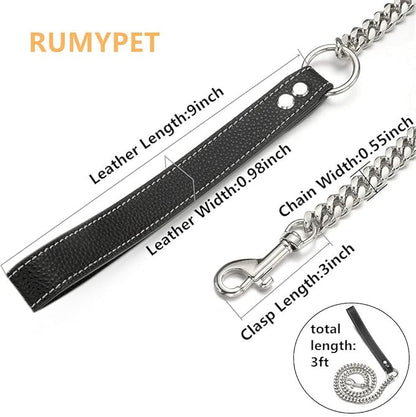 3FT/4FT/5FT Heavy Duty Silver Dog Chain Leash 14MM Stainless Steel Miami Cuban Link Chain with Durable Genuine Leather Handle for Training Walking(14mm,3ft)…