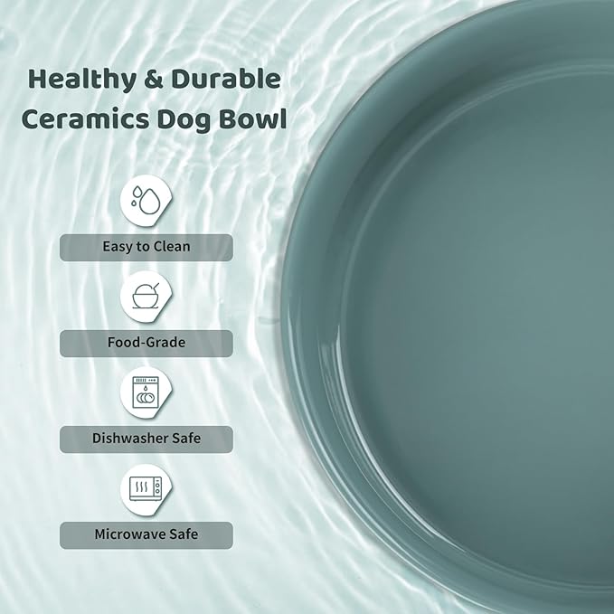 SPUNKYJUNKY Ceramics Raised Dog Bowls with Wooden Stand - Elevated Dog Feeding Set (Double 28.7OZ, Dark Green)