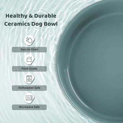 SPUNKYJUNKY Ceramics Raised Dog Bowls with Wooden Stand - Elevated Dog Feeding Set (Double 28.7OZ, Dark Green)