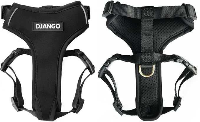 DJANGO Adventure Dog Harness - Stylish and Comfortable Small Dog Harness for Outdoor Adventures and Everyday Wear - Black Neoprene Adjustable Harness for Dogs with Reflective Piping and Brass D-Ring