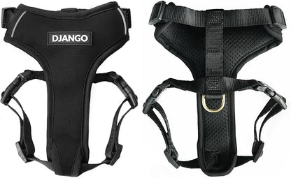 DJANGO Adventure Dog Harness - Stylish and Comfortable Small Dog Harness for Outdoor Adventures and Everyday Wear - Black Neoprene Adjustable Harness for Dogs with Reflective Piping and Brass D-Ring