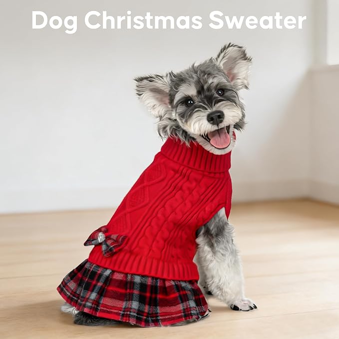 KYEESE Dog Sweater Stretchy Pullover Cat Sweaters Warm Turtleneck Dogs Clothes Thick Pet Coats with Bowtie Soft Dog Sweaters for Small Dogs Girl Comfy Knitwear Puppy Sweater Dress, Red, X-Small