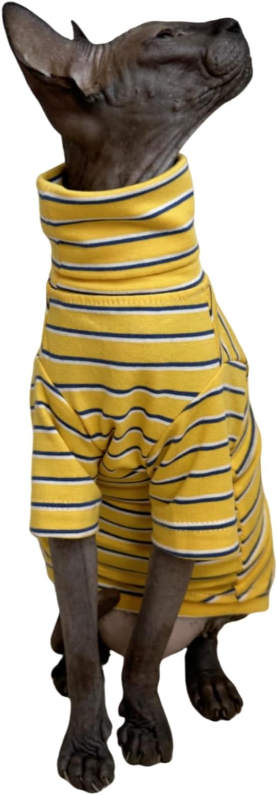 Vintage Stripes Sphynx Hairless Cats Shirt Cotton Cat Turtleneck Pet Clothes Kitten T-Shirts with Sleeves for Sphynx Cornish Rex, Devon Rex, Peterbald (Yellow Stripe, X-Large (Pack of 1))