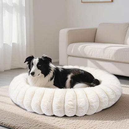 Warming Faux Rabbit Fur Pet Beds – Luxurious Donut Dog & Cat Bed, Anti-Anxiety Calming Cuddler Bed for Small Medim Dogs, Washable Round Puppy Kitten Beds, Non-Slip Bottom(31x31x8, White)