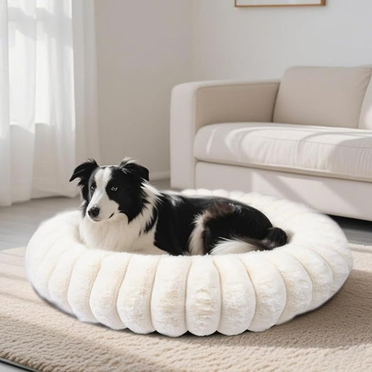 Vhen When Warming Faux Rabbit Fur Pet Beds – Luxurious Donut Dog & Cat Bed, Anti-Anxiety Calming Cuddler Bed for Small Medim Dogs, Washable Round Puppy Kitten Beds, Non-Slip Bottom(36x36x10, White)