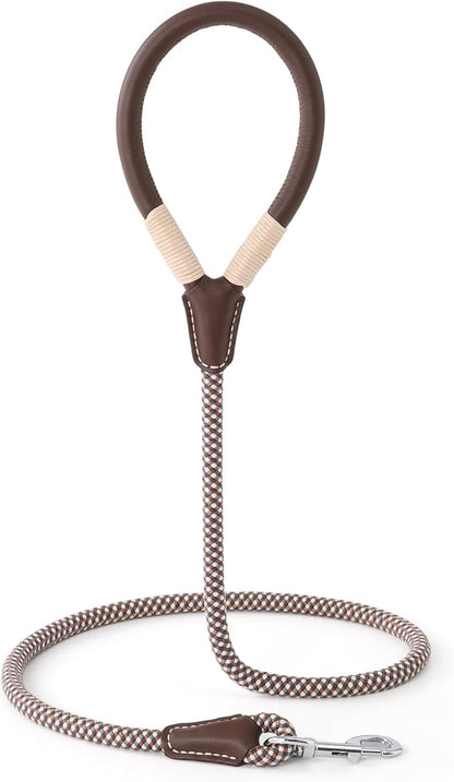 Mile High Life Genuine Leather Wrapped Handle Dog Leash, w Heavy Duty Clasp Rope Leash for Small Medium Large Dogs (Brown, 5FT)