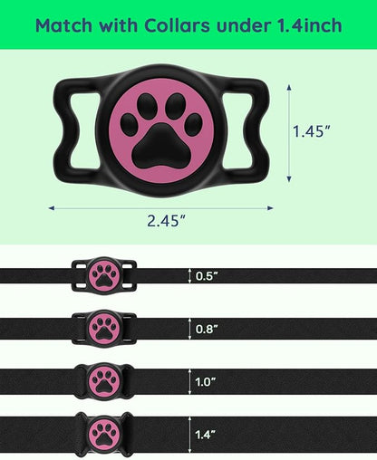 WhoseID IP68 Waterpoof Dog Air tag Holder, Stretchy Silicone Full Body Covered Apple Air Tag Holder for Dog Cat Collar Fit All Width Collar (Black & Rose, 1 Pack)