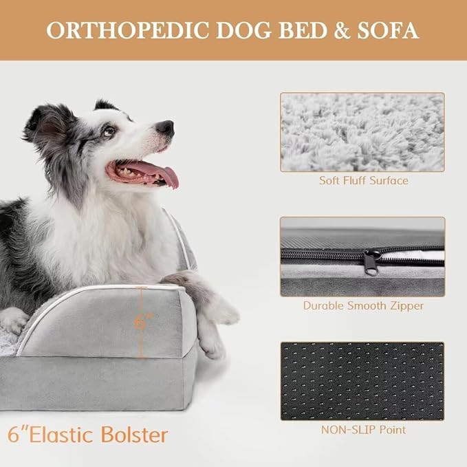 Comfort Expression Orthopedic Dog Bed for Extra Large Dogs 53x42 Inch, Waterproof Egg Crate Foam XXL Pet Bed with Removable Bolsters, Dog Couch with Washable Cover & Non-Slip Bottom, Grey White
