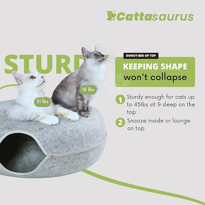 Cattasaurus Peekaboo Cat Cave Donut for Multiple & Large Cats up to 30-45 lbs, 3-in-1 Self Warming Cat Bed, Tunnel & Scratcher for Indoor Cats, Washable & Detachable (Light Gray + Light Gray, Large)