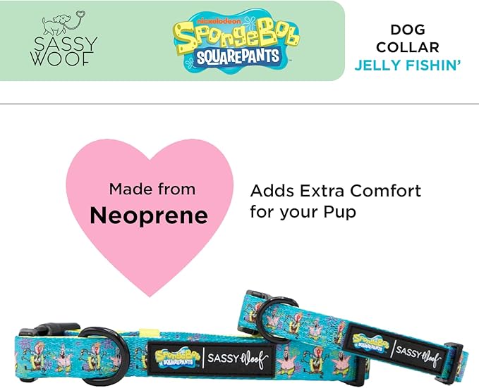 Sassy Woof Dog Collar Spongebob Squarepants™ Jelly Fishin' - S, Adjustable, Durable, Comfortable and Stylish Pet Accessories for Small Dogs - Officially Licensed