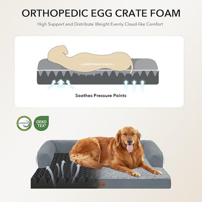 Casa Paw Orthopedic Dog Beds for Large Sized Dogs, Waterproof Egg Crate Foam Large Dog Couch Beds with Comfy Bolster 36x27Inch, Washable Pet Beds with Removable Cover and Nonskid Bottom, Grey