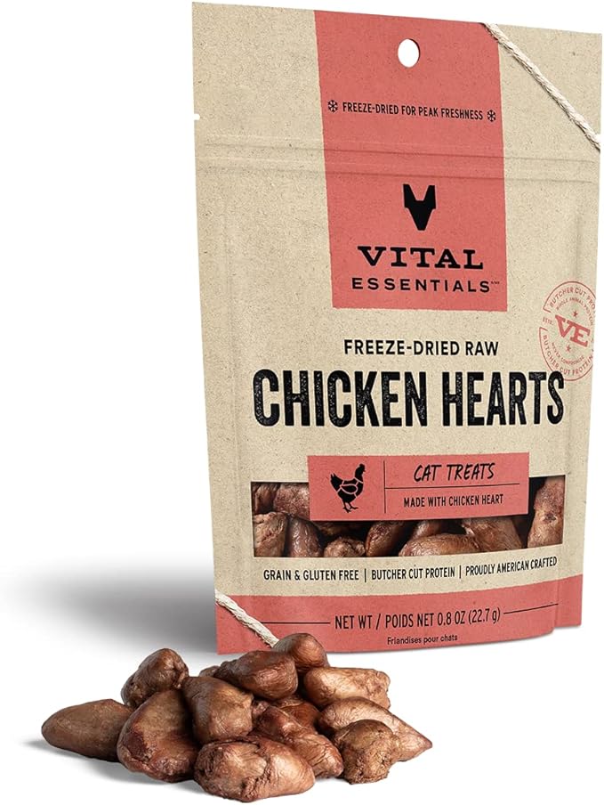 Vital Essentials Cat Treats, Chicken Hearts, Freeze Dried | Single Ingredient | 0.8 OZ | Pack of 6