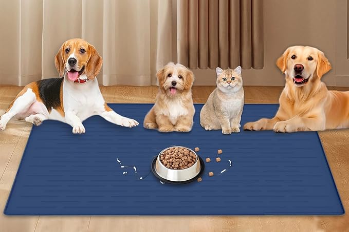 48"x32"(120cmx80cm) Largest Dog Food Mat, XXXL Waterproof Pet Feeding Mat for Floors, Silicone Dog Bowl Mat Tray for Food and Water, Dark Blue