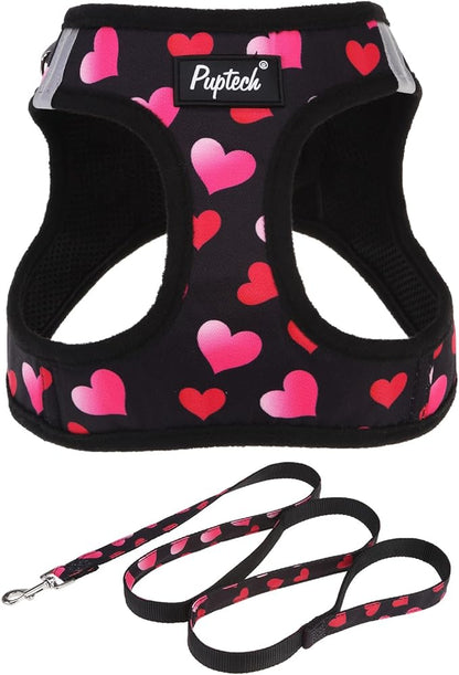 PUPTECK Valentine Dog Harness and Leash Set for Small Medium Dogs No Pull Step-in Soft Mesh Puppy Cat Vest Valentine Harnesses Reflective at Night, Black&Pink, XS