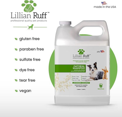 Lillian Ruff PRO Formula Deodorizing Oatmeal Dog Shampoo - Calms Itching & Allergies, Ultra-Nourishing Dry Skin Relief - Oatmeal, Aloe, Coconut Oil, Lavender & Provitamin B5 - Made in USA Gallon+Pump