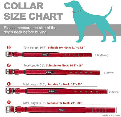 Fida Heavy Duty Dog Collar, Ultra Comfortable Soft Neoprene Padded, Adjustable Reflective Nylon Pet Collar with Durable Metal Belt Buckle for Medium Breeds (M, Red)