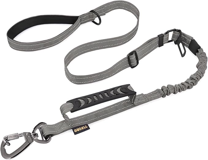 AUBELL Tactical Dog Leash Heavy Duty,4-6ft Reflective Strong No Pull Bungee Leash for Medium Large Dogs with Comfortable Padded Double Handle,Car Seat Belt,360 Degree Rotating Carabiner,Grey