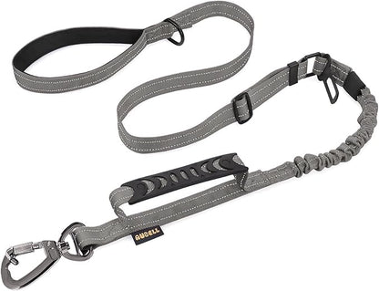 AUBELL Tactical Dog Leash Heavy Duty,4-6ft Reflective Strong No Pull Bungee Leash for Medium Large Dogs with Comfortable Padded Double Handle,Car Seat Belt,360 Degree Rotating Carabiner,Grey