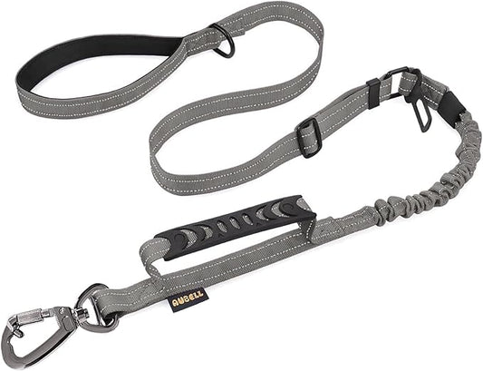 AUBELL Tactical Dog Leash Heavy Duty,4-6ft Reflective Strong No Pull Bungee Leash for Medium Large Dogs with Comfortable Padded Double Handle,Car Seat Belt,360 Degree Rotating Carabiner,Grey