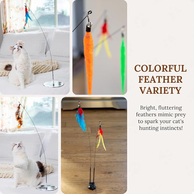 GADGETSOLOGY Cat Wand Toy Cat Fishing Pole Toy Cats Feather Toys Suction Cup for Indoor Cats Teaser Wand Feather Attachments Multisurface Base